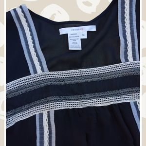 Studio M Navy Blue Long Sleeve Top with Silver, Creamq & Blue Lace Accents